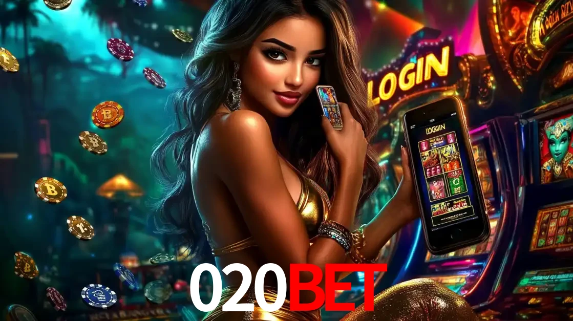 Mulher em um cenário de cassino temático de aventura, mostrando o app de caça-níqueis da 020bet no celular. Fichas de apostas flutuam ao redor.